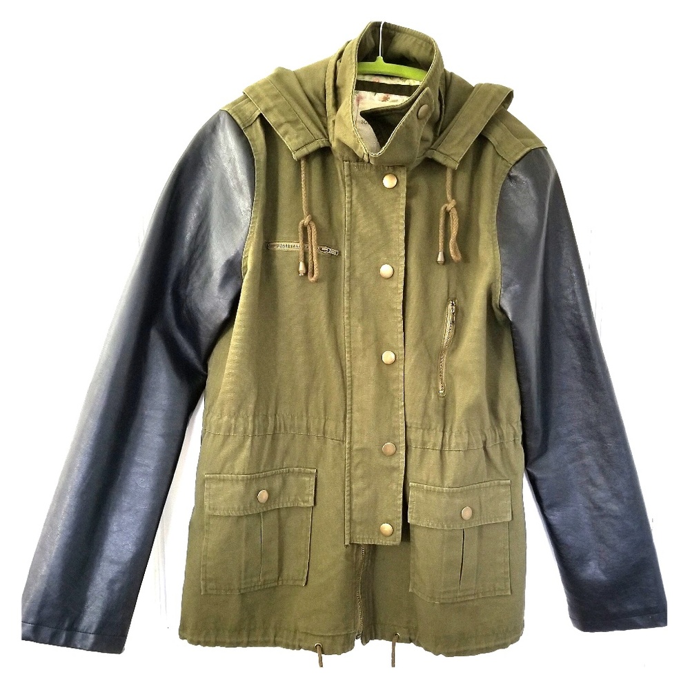 Army green jacket with faux leather sleeves